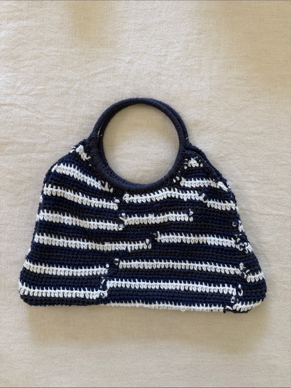J. Crew Navy and White Striped Crochet Tote with Round Handles